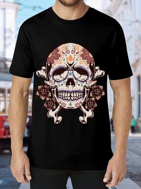 Sugar Skull Graphic Tee - Black with Multicolor Skull
